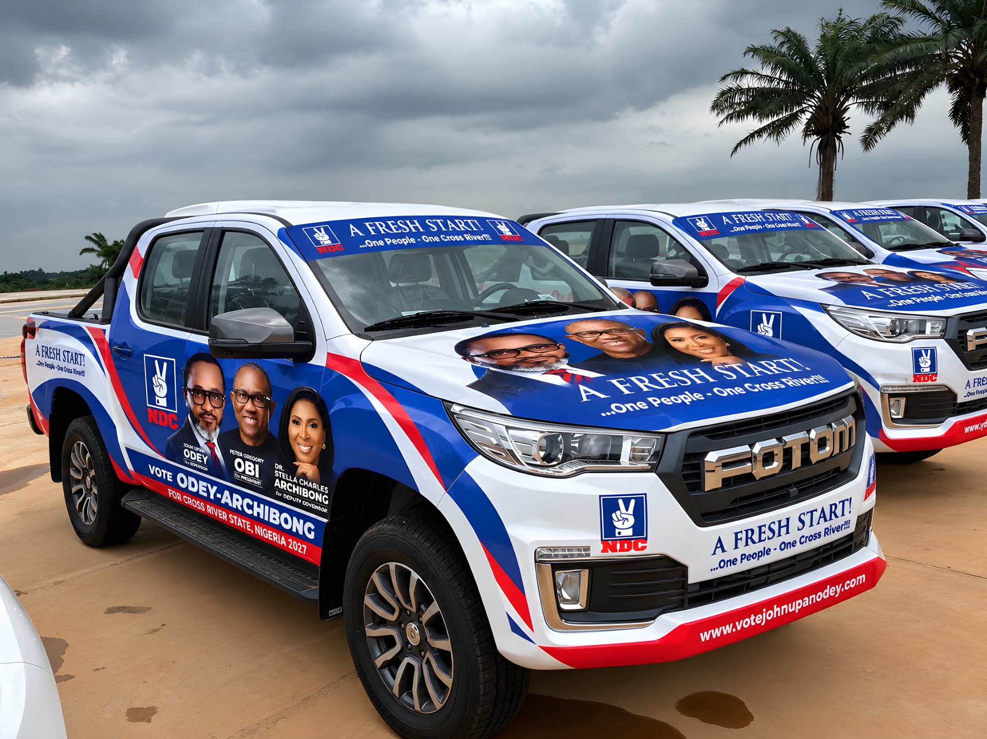 Odey-Archibong campaign vehicles. A Fresh Start, One People One Cross River. John Upan Odey for Governor with Dr Stella Charles Archibong for Deputy Governor.