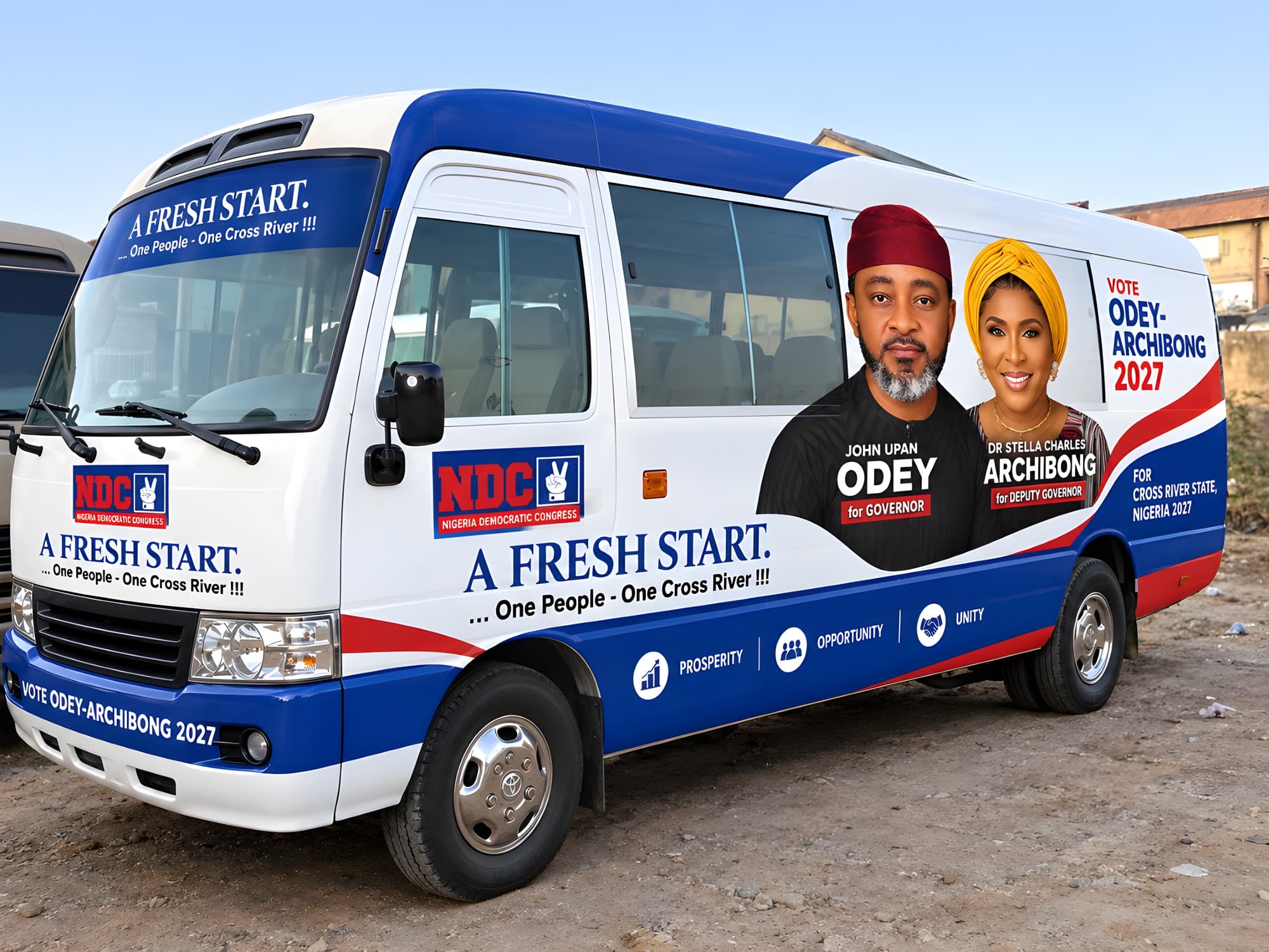 We are ready: Odey-Archibong campaign bus. A Fresh Start, One People One Cross River. John Upan Odey for Governor with Dr Stella Charles Archibong for Deputy Governor.