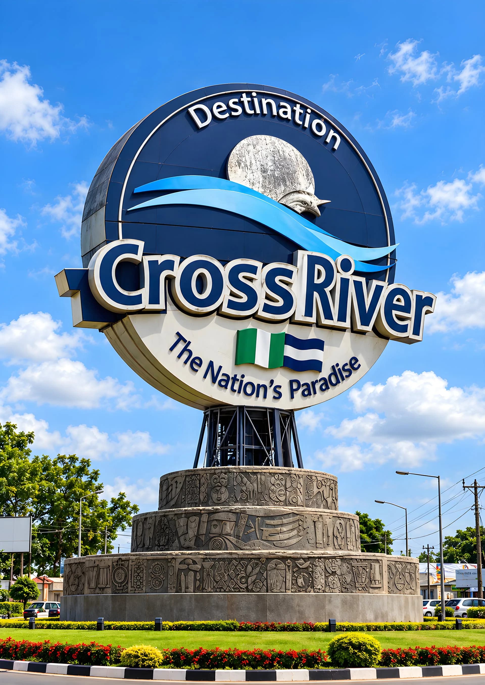 Destination Cross River roundabout monument, The Nation’s Paradise, under a blue sky